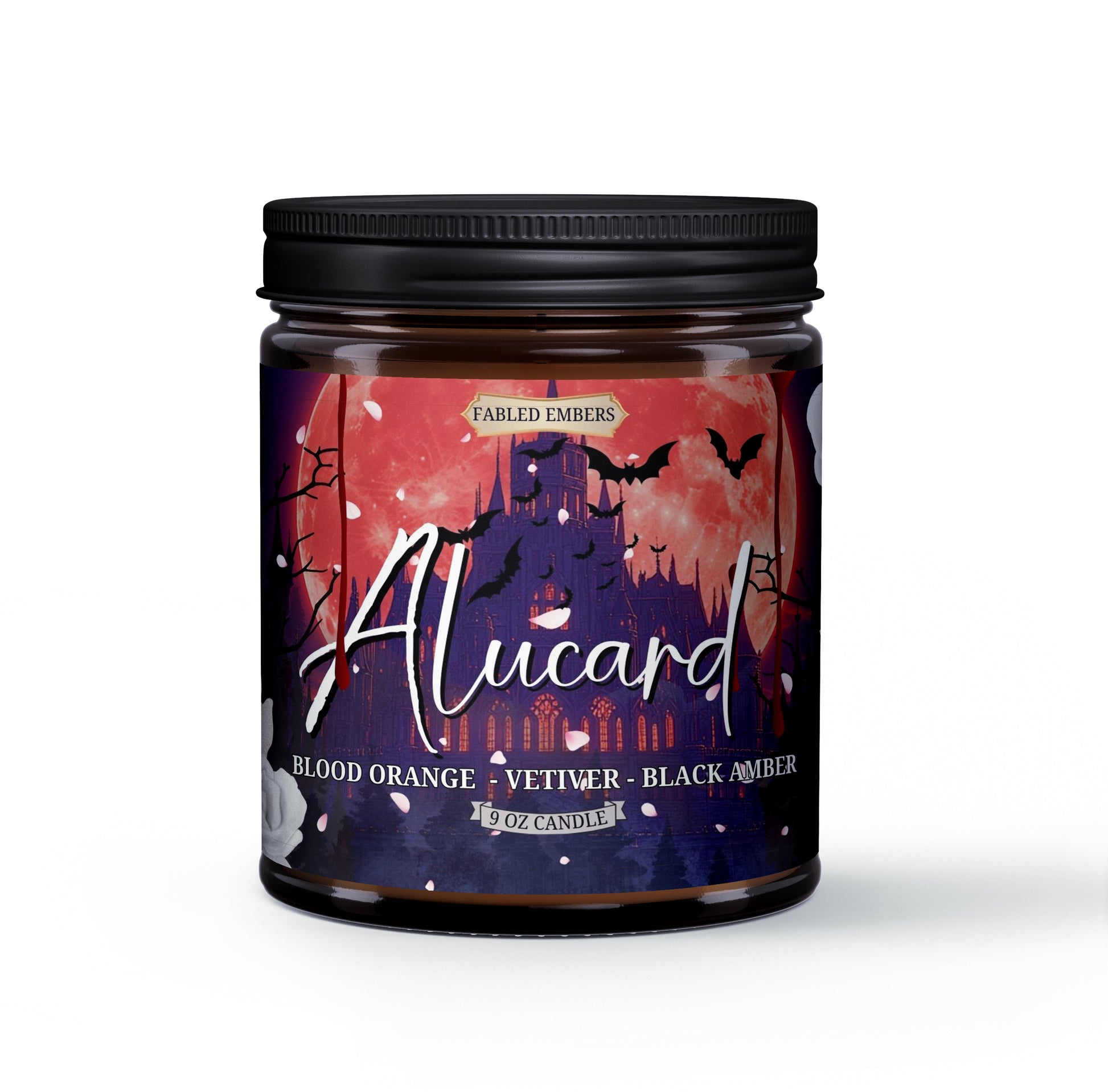 ALUCARD Son of Dracula Candle smells like blood orange and vetiver, vampire candle, gothic aesthetic, amber glass jar candle with cotton wick 9 ounces