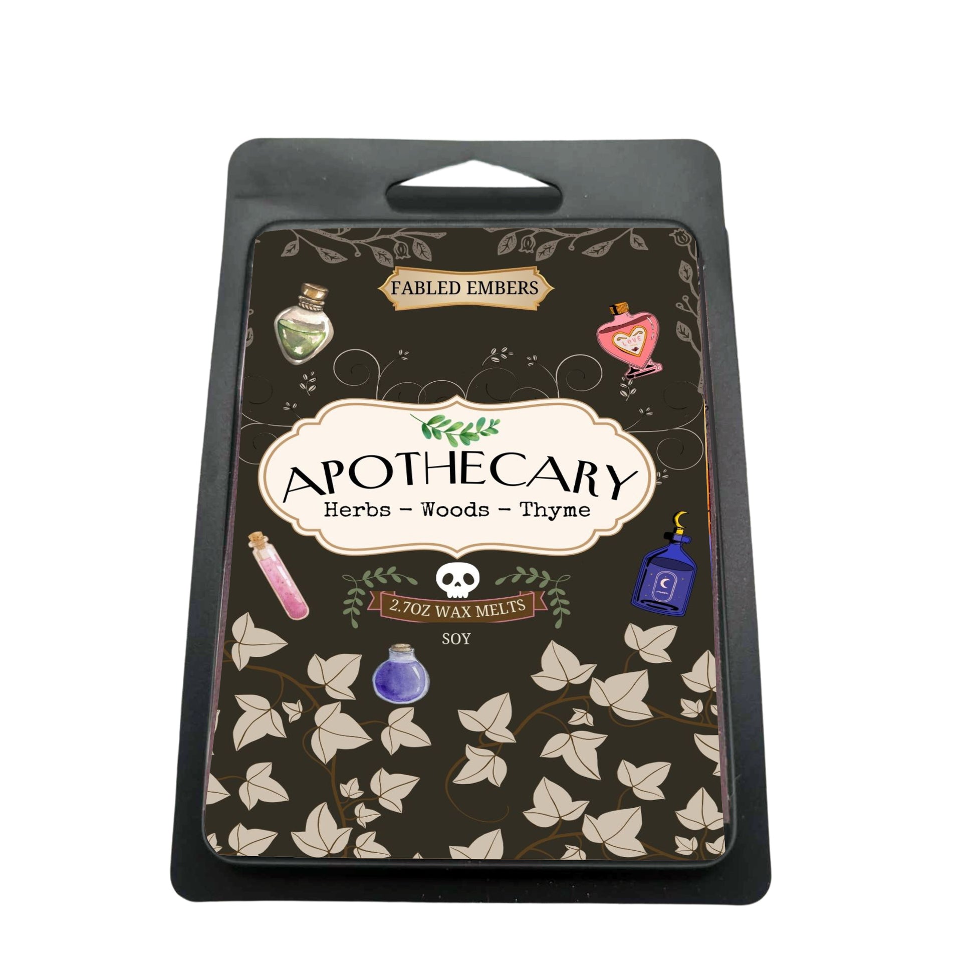 Apothecary soy waxs in a matte black clamshell, smells like herbs cucumber thyme and lemon with a soft wood background.  Charcoal matte black label with antique style frame and vines and potion bottles label.