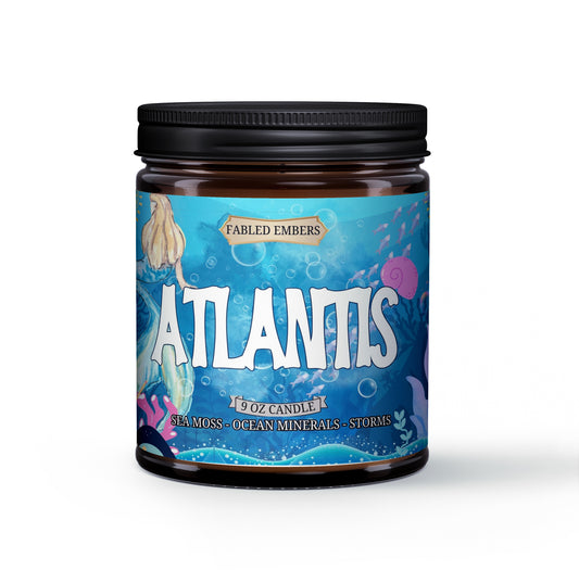 Atlantis - The Lost City Summer Candle smells like the ocean waves, for book and literature lovers. 9 ounce coconut soy wax candle in an amber glass jar