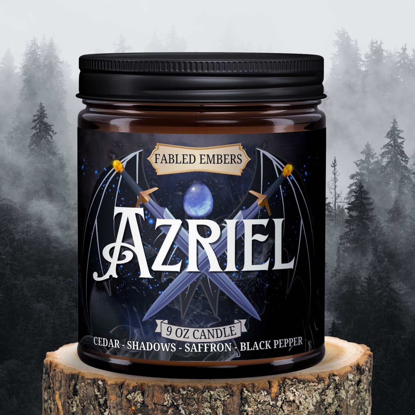 AZRIEL the SHADOWSINGER inspired by acotar Coconut soy wax candle smells like saffron and cedar and shadows 9oz amber glass jar 