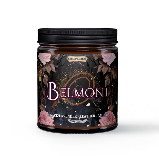 BELMONT Trevor castlevania inspired candle in amber glass jar 9 oz Scent: dark lavender, amber, salt, wood, hint of lemon, leather