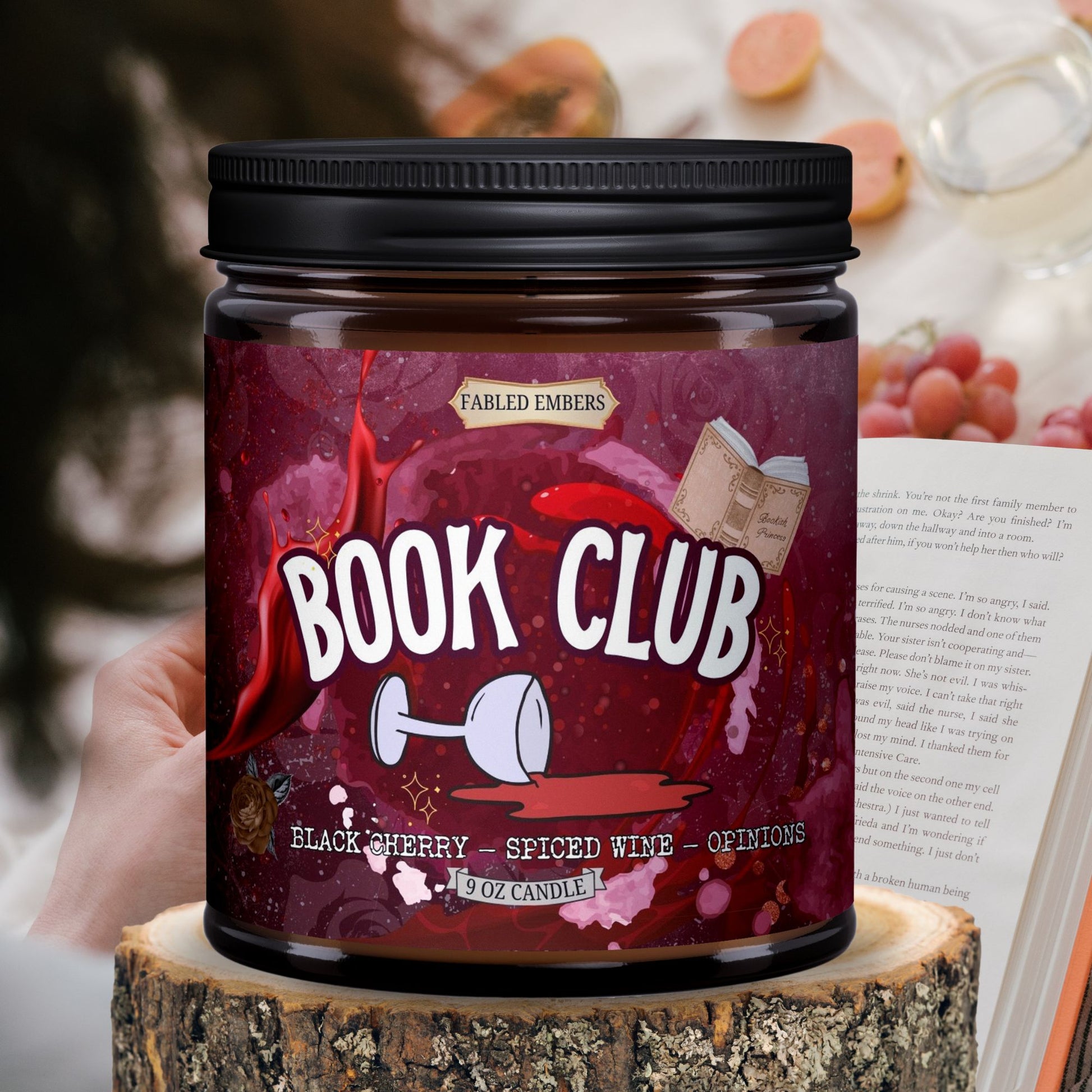 Book Club book lovers candle 9oz coconut soy glass jar smells like spiced wine and black cherry