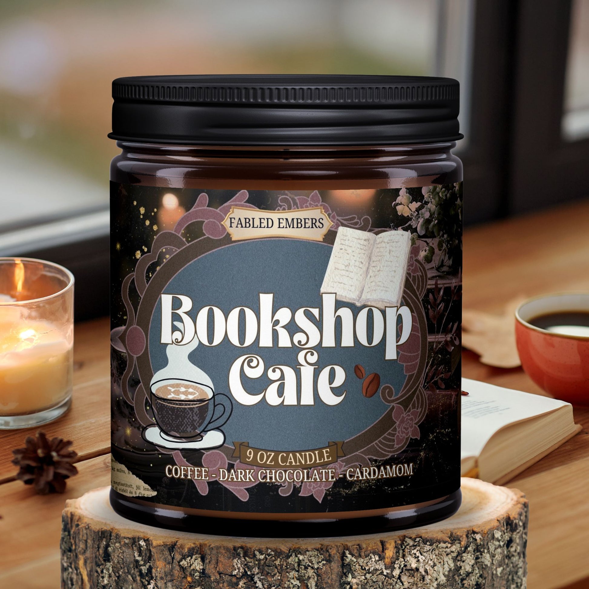 Bookshop Cafe candle smells like a cafe - dark chocolate and coffee and cardamom cream. 9 ounce coconut soy candle