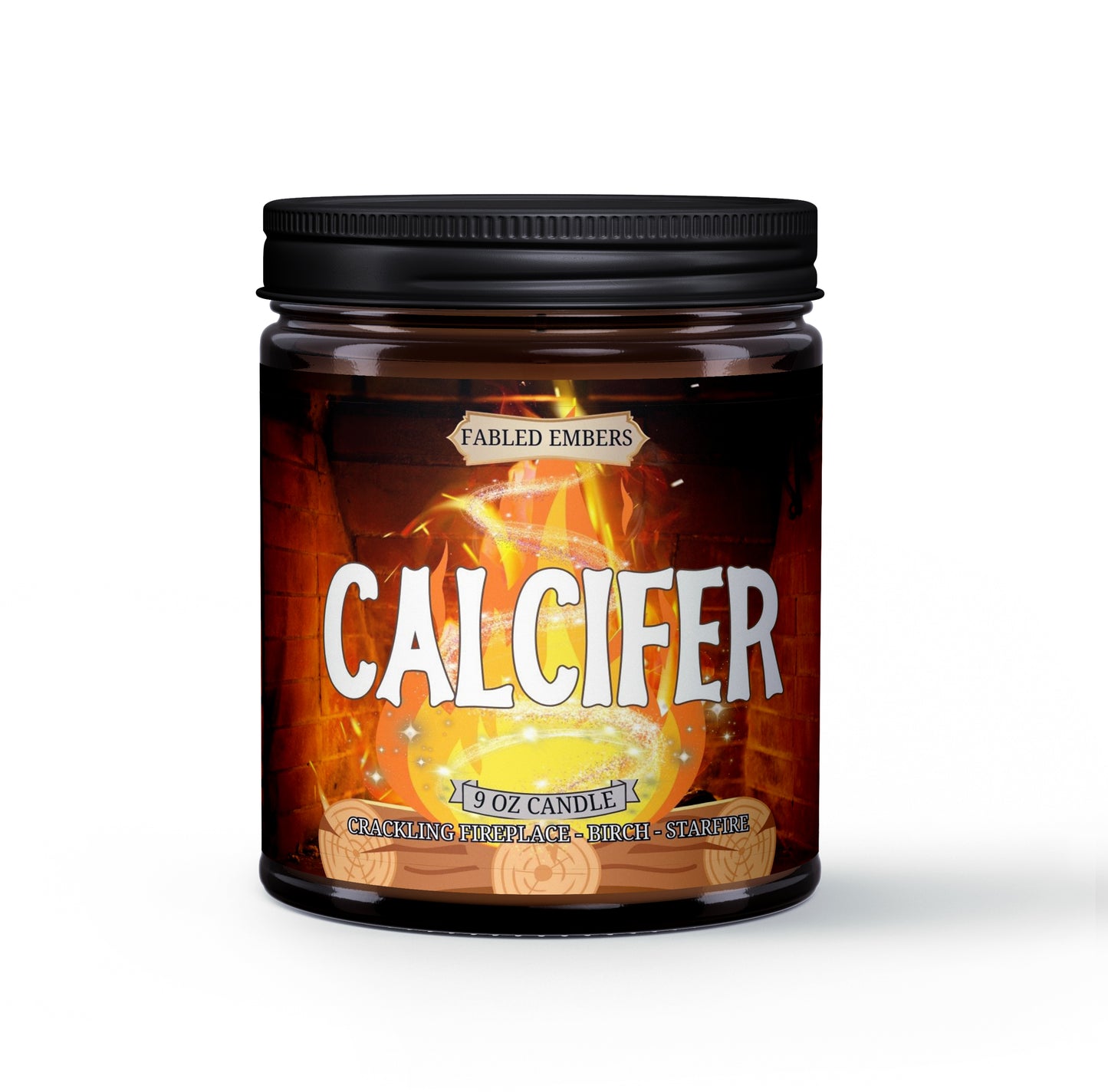 Calcifer, Magic Star Fire, 9 ounce coconut soy candle, novelty, amber glass candle jar smells like crackling fireplace embers.