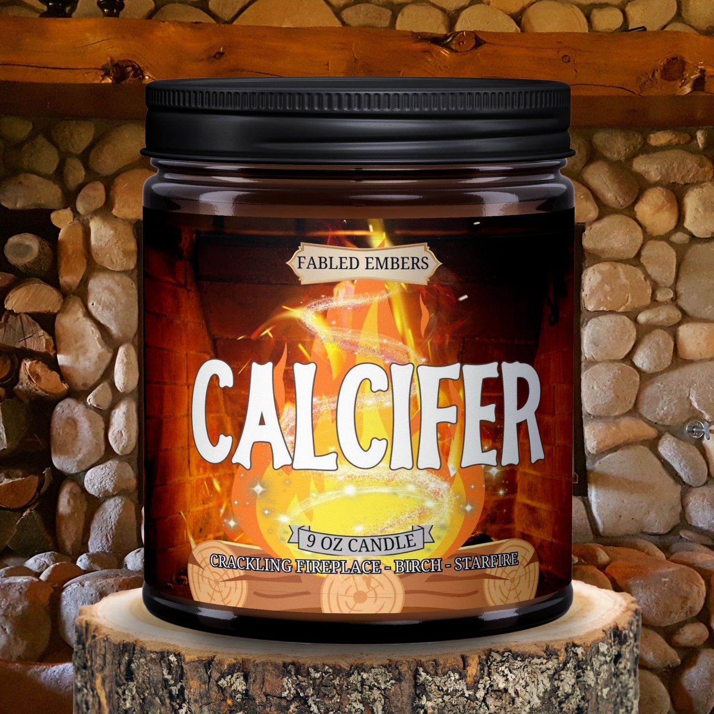 Calcifer, Magic Star Fire, 9 ounce coconut soy candle, novelty, amber glass candle jar smells like crackling fireplace embers.