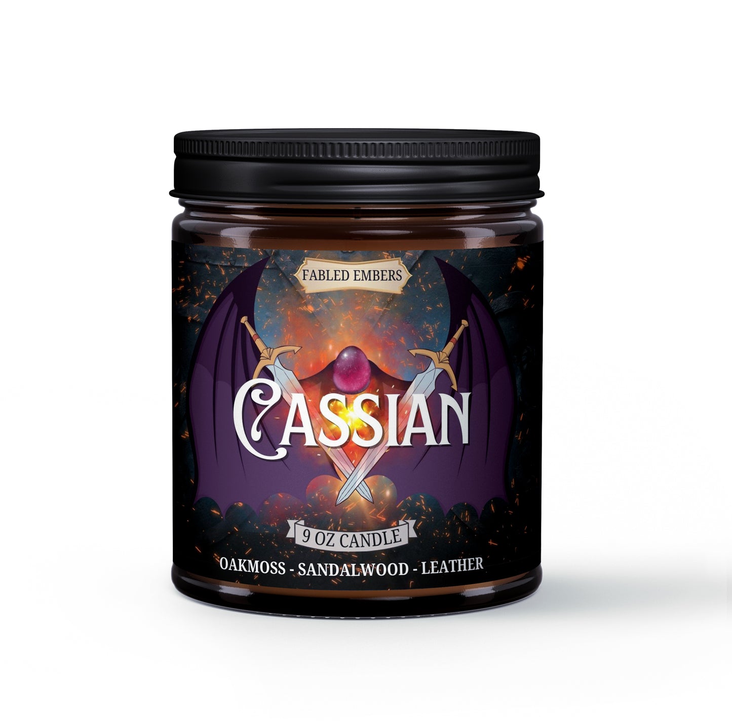 CASSIAN smells like a sexy bat boy from the Night Court.  Oakmoss, leather, peppercorns, and sandalwood.  Bookish  9 ounce coconut soy candle in an amber glass jar