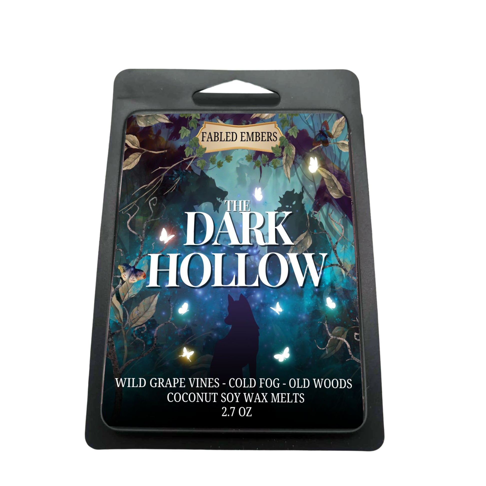 The Dark Hollow dark cozy cottagecore 
 wax melts smells like grape vines and woods  black clamshell