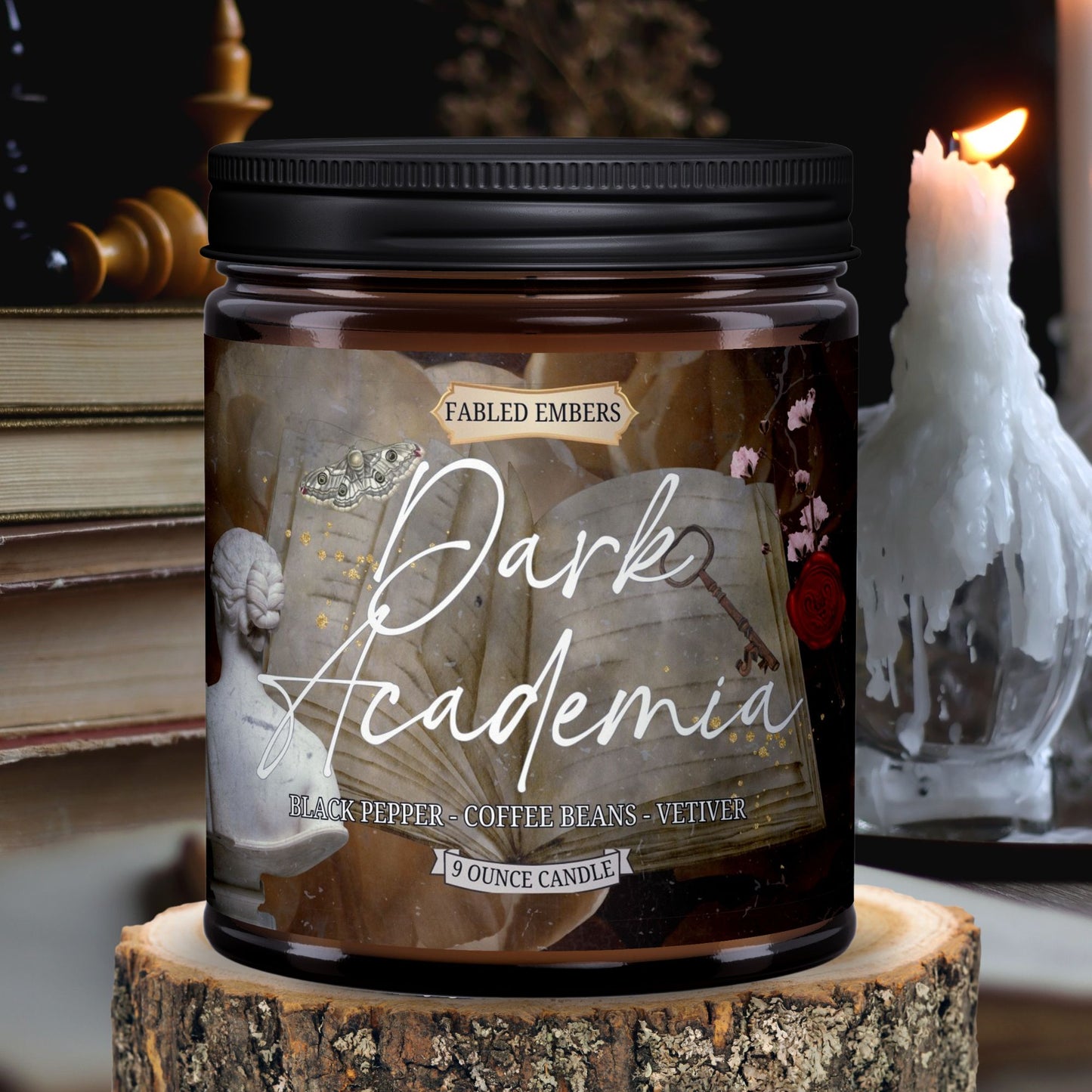 DARK ACADEMIA 9 ounce Amber glass jar candle Coconut soy smells like coffee vetiver and pepper