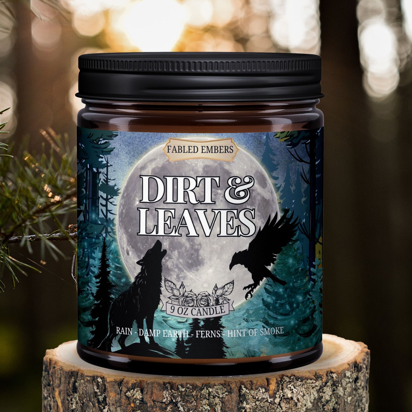 Dirt and Leaves by Fabled Embers smells like damp earth leaves and spices for fans of werewolves and witches books. LGBTQ+ coconut soy 9oz candle