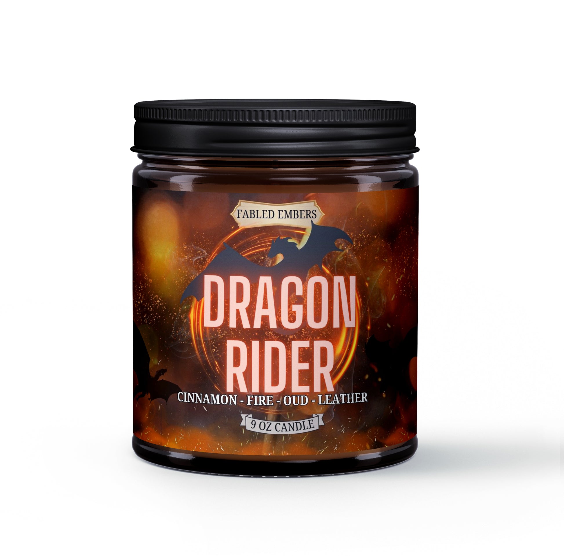 Dragon Rider candle in 9 ounce amber glass jar smells like cinnamon, leather, and dragon's breath. Coconut Soy Wax.