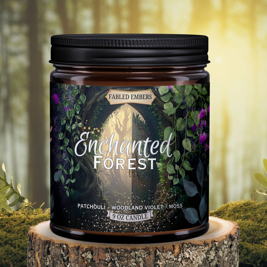 ENCHANTED FOREST smells like moss and mist with patchouli and woodland rose. 9oz coconut soy wax candle. 