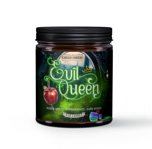 EVIL QUEEN Candle in amber glass jar with a story book cover type label, bookshelf decor, for readers and book lovers, smells like apples and cherry pomegranate 