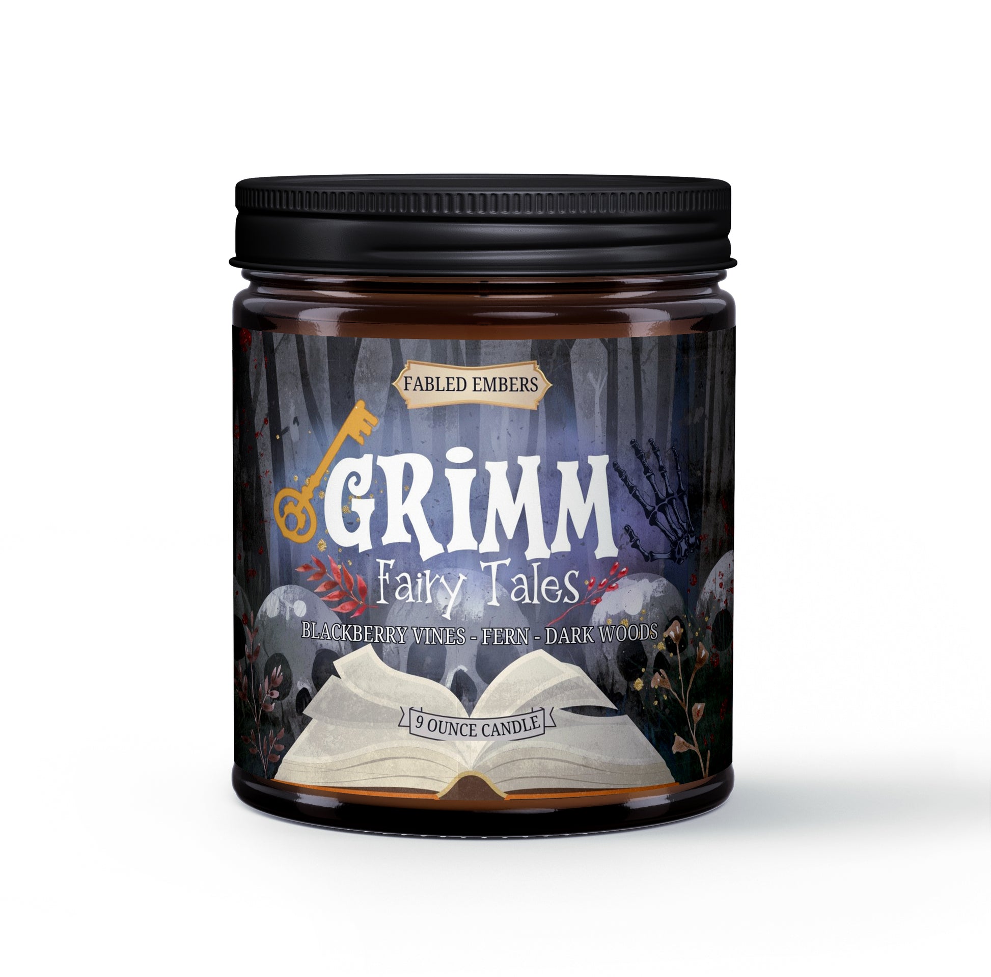 9 ounce GRIMM dark fairytales candle smells like blackberry and ferns bookish scent