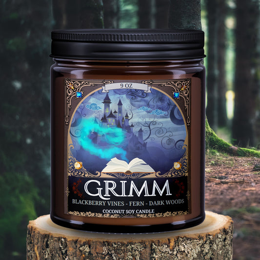 9 ounce GRIMM dark fairytales candle smells like blackberry and ferns bookish scent