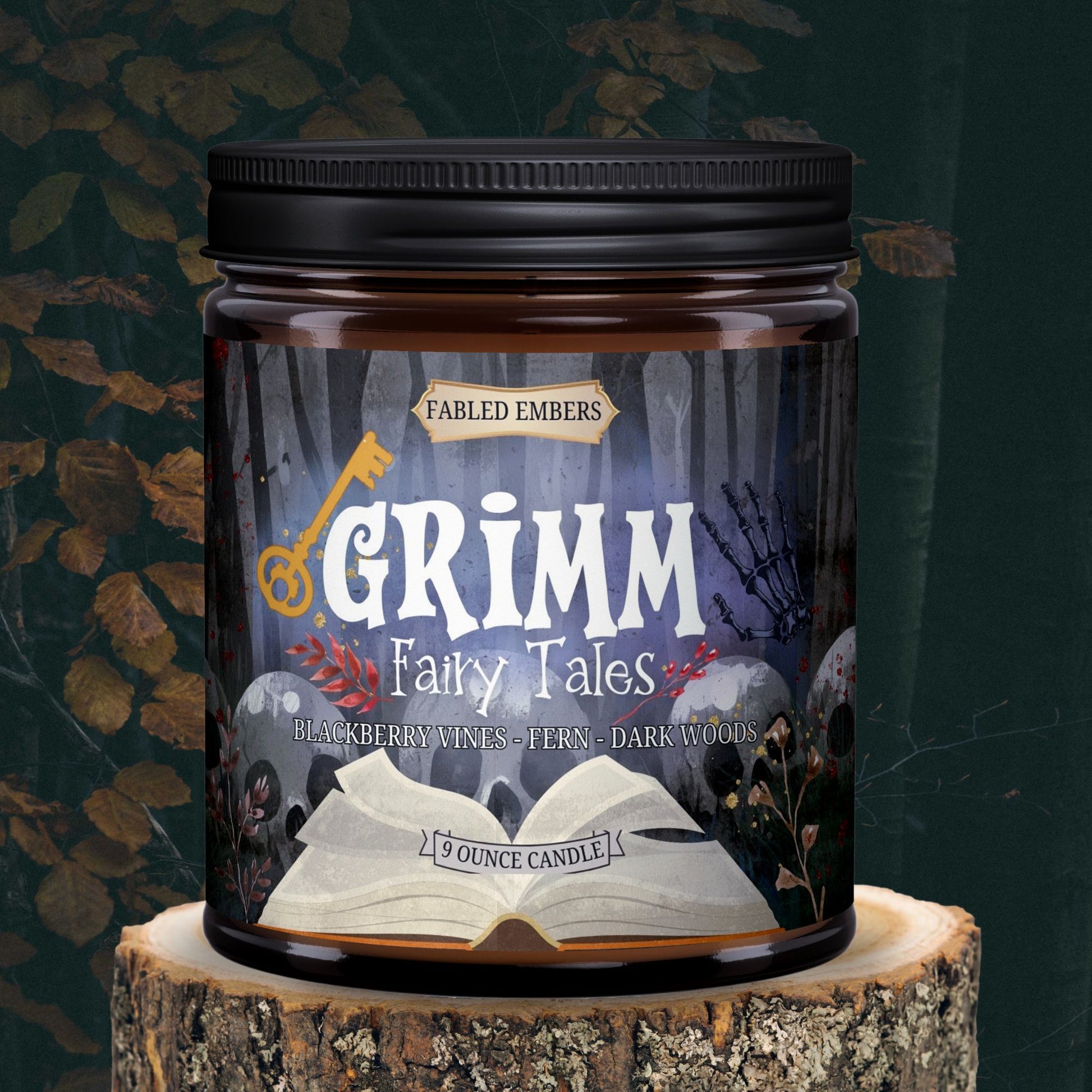 9 ounce GRIMM dark fairytales candle smells like blackberry and ferns bookish scent