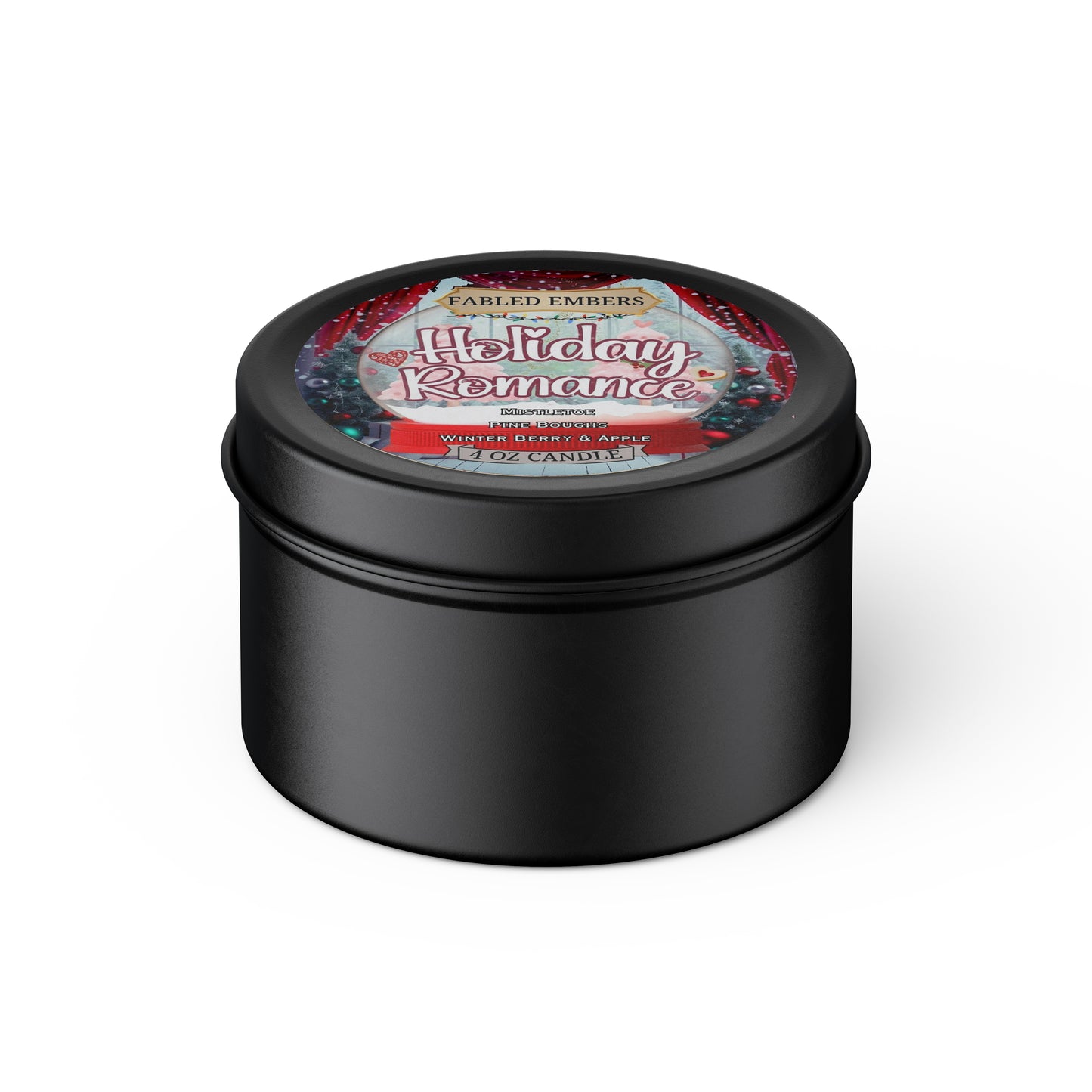 HOLIDAY ROMANCE CANDLE  4 ounces coconut soy wax in black tin, smells like mistletoe, travel size 