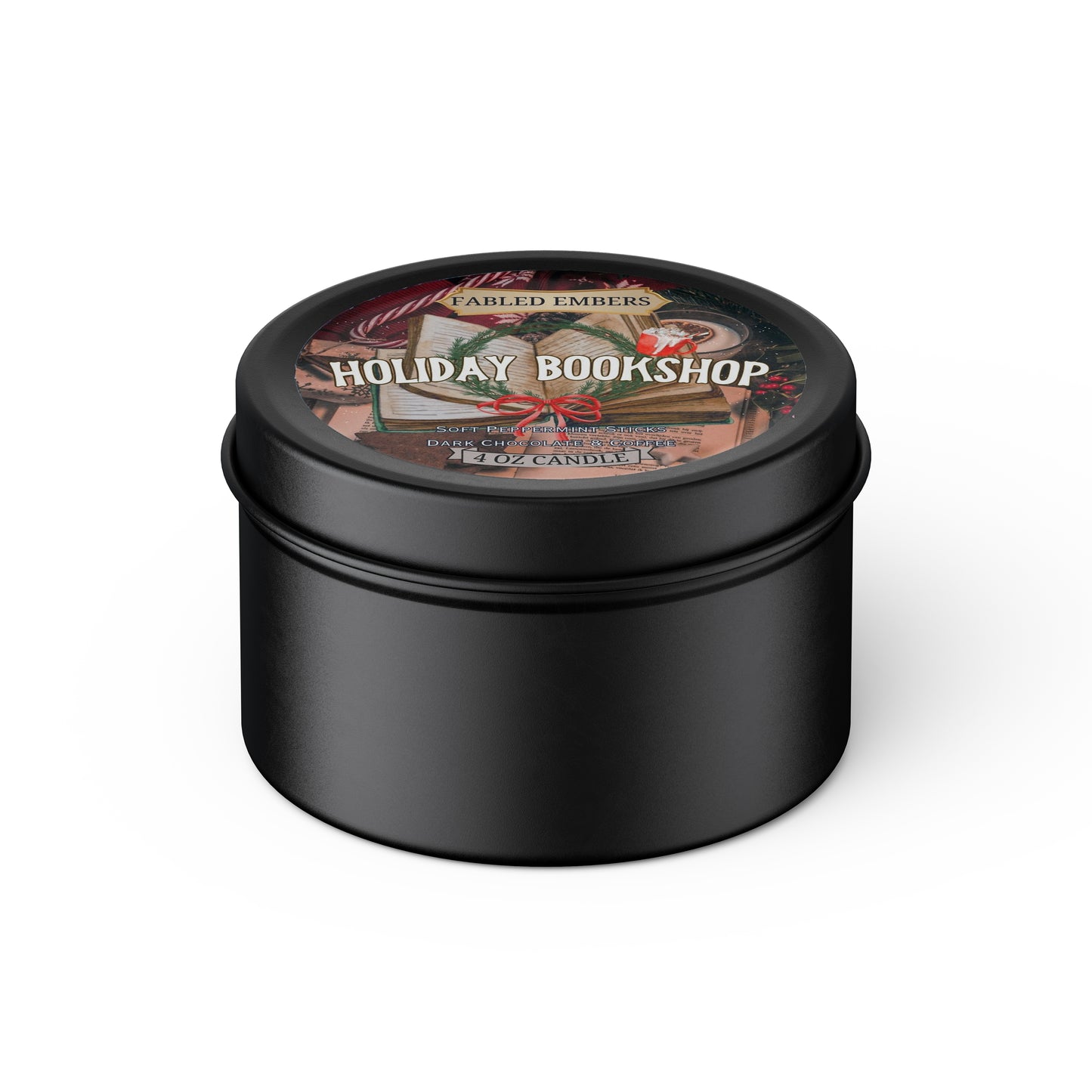 HOLIDAY BOOKSHOP cafe smells like peppermint mocha. 4 ounce candle in a black metal tin. For book lovers