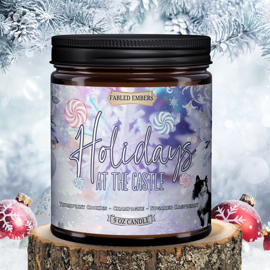 Holidays At the Castle 9oz candle amber glass jar smells like champagne and sugar cookies, disneybound, royalty, booklovers