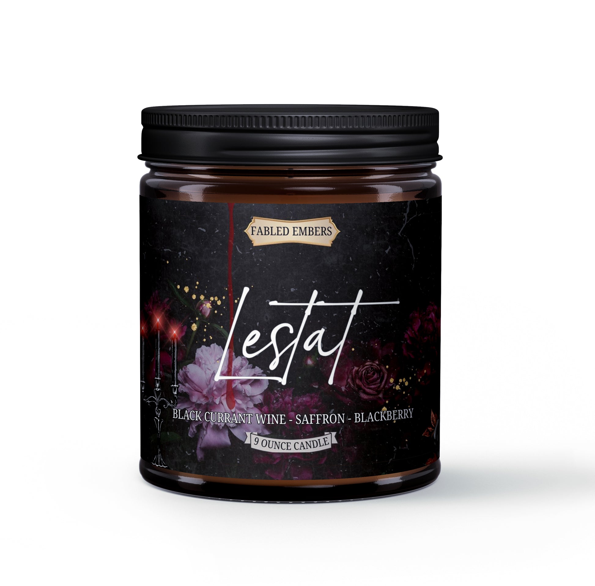 Lestat Candle smells like Blackberry Wine Thyme and Saffron Vampire Candle 9 ounces coconut soy amber glass jar