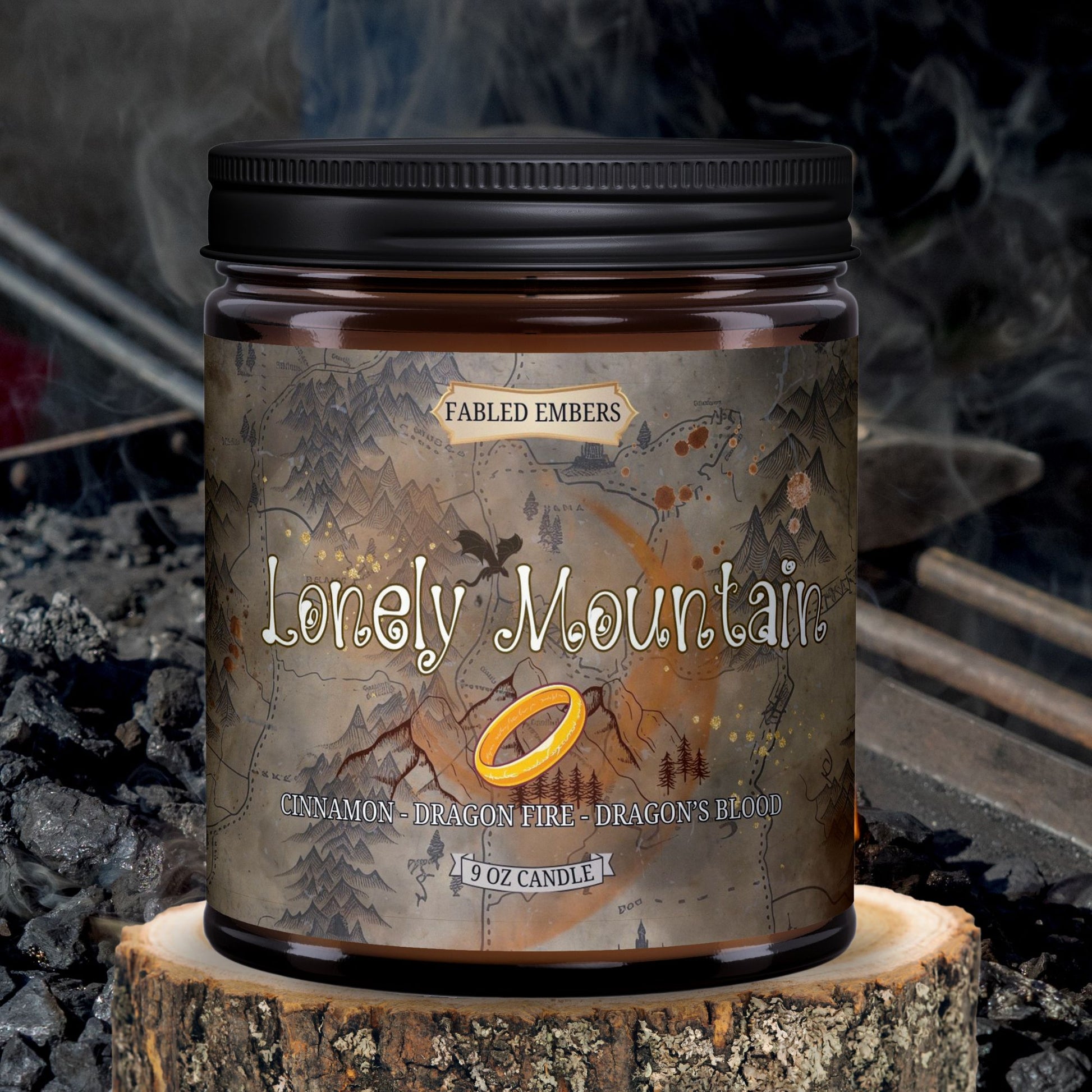 LONELY MOUNTAIN smells like dragon's blood and cinnamon and incense.  middle earth fans adventure candle