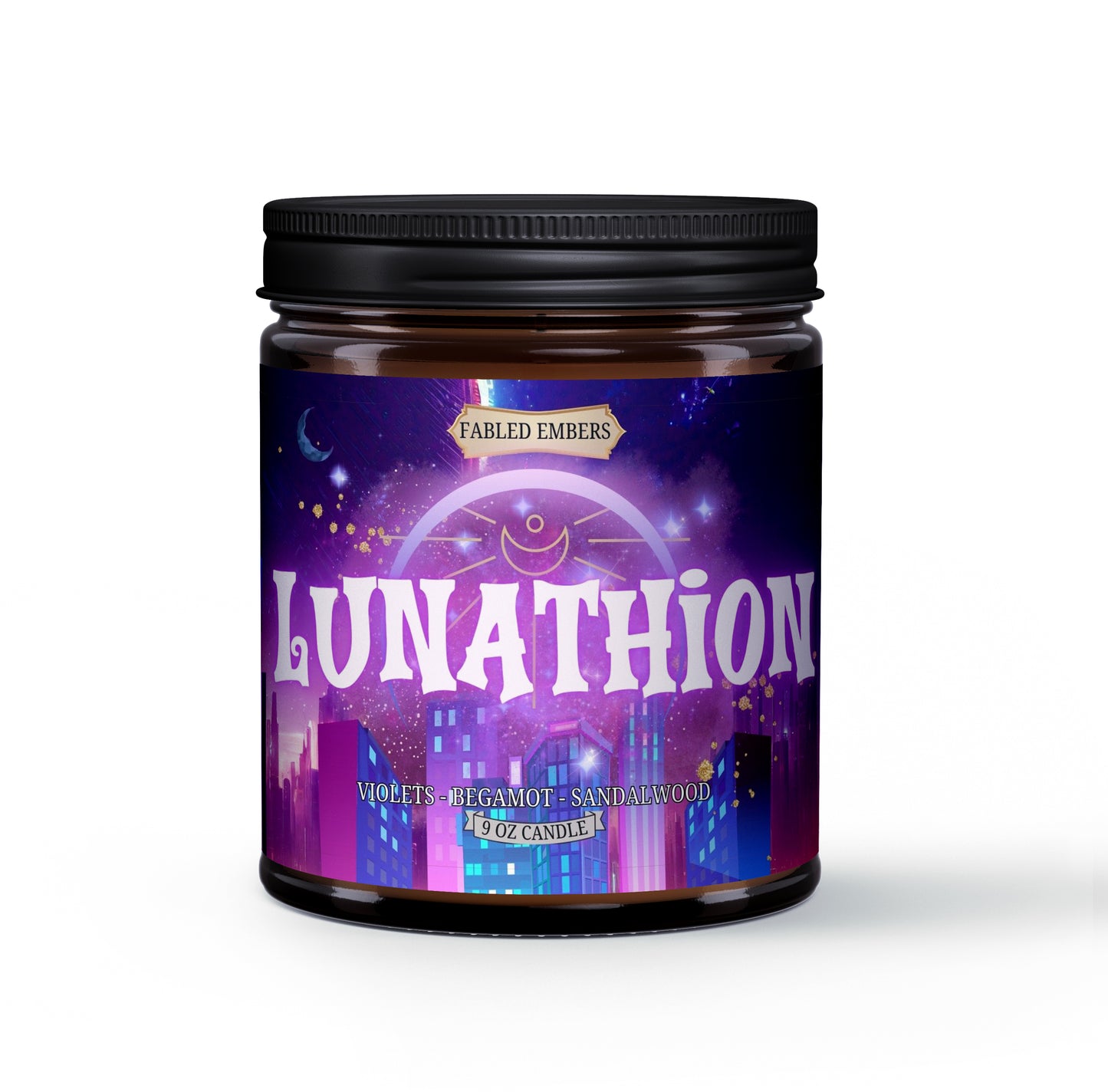 LUNATHION candle for fans of CC 9oz amber glass jar candle with full color label depicting the fictional city smells like moonlit path