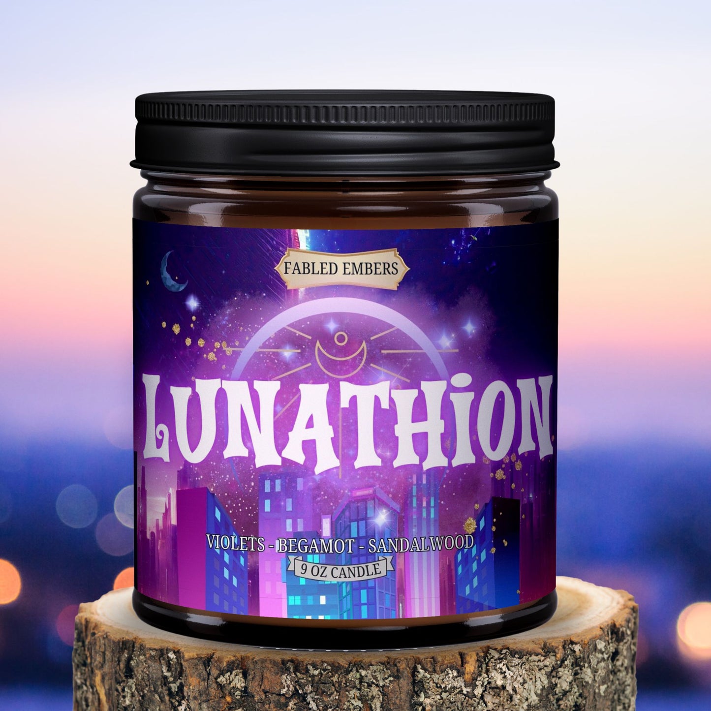 LUNATHION candle for fans of CC 9oz amber glass jar candle with full color label depicting the fictional city smells like moonlit path