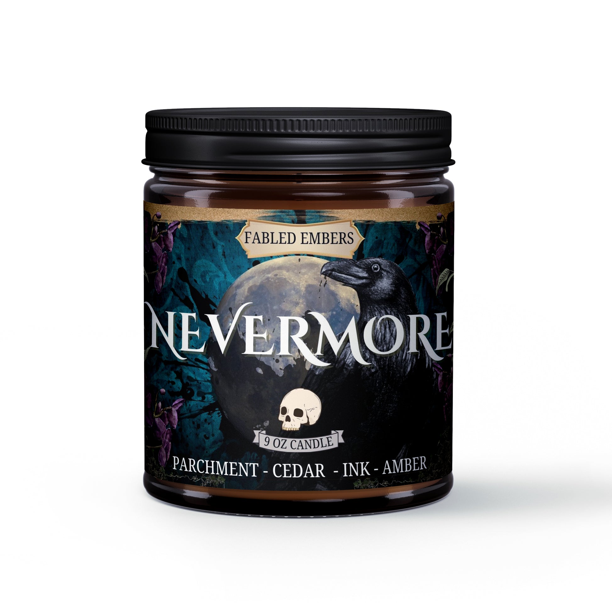 NEVERMORE - Poe Candle 9 ounces amber glass jar coconut soy smells like ink and cedar and amber