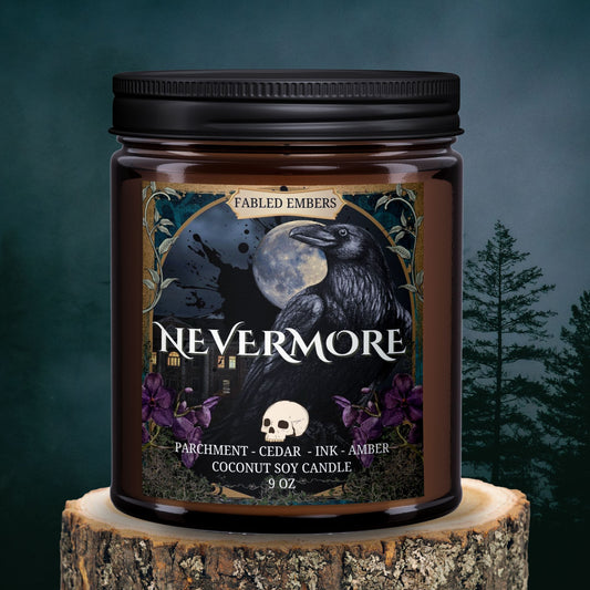 NEVERMORE - Poe Candle 9 ounces amber glass jar coconut soy smells like ink and cedar and amber