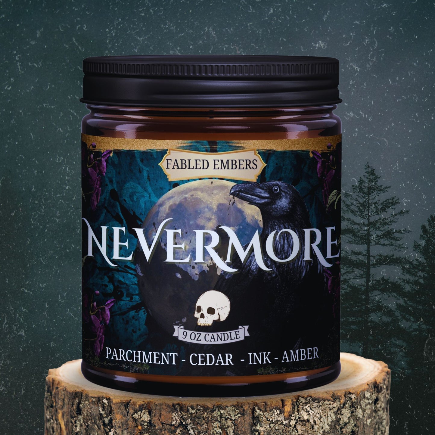 NEVERMORE - Poe Candle 9 ounces amber glass jar coconut soy smells like ink and cedar and amber