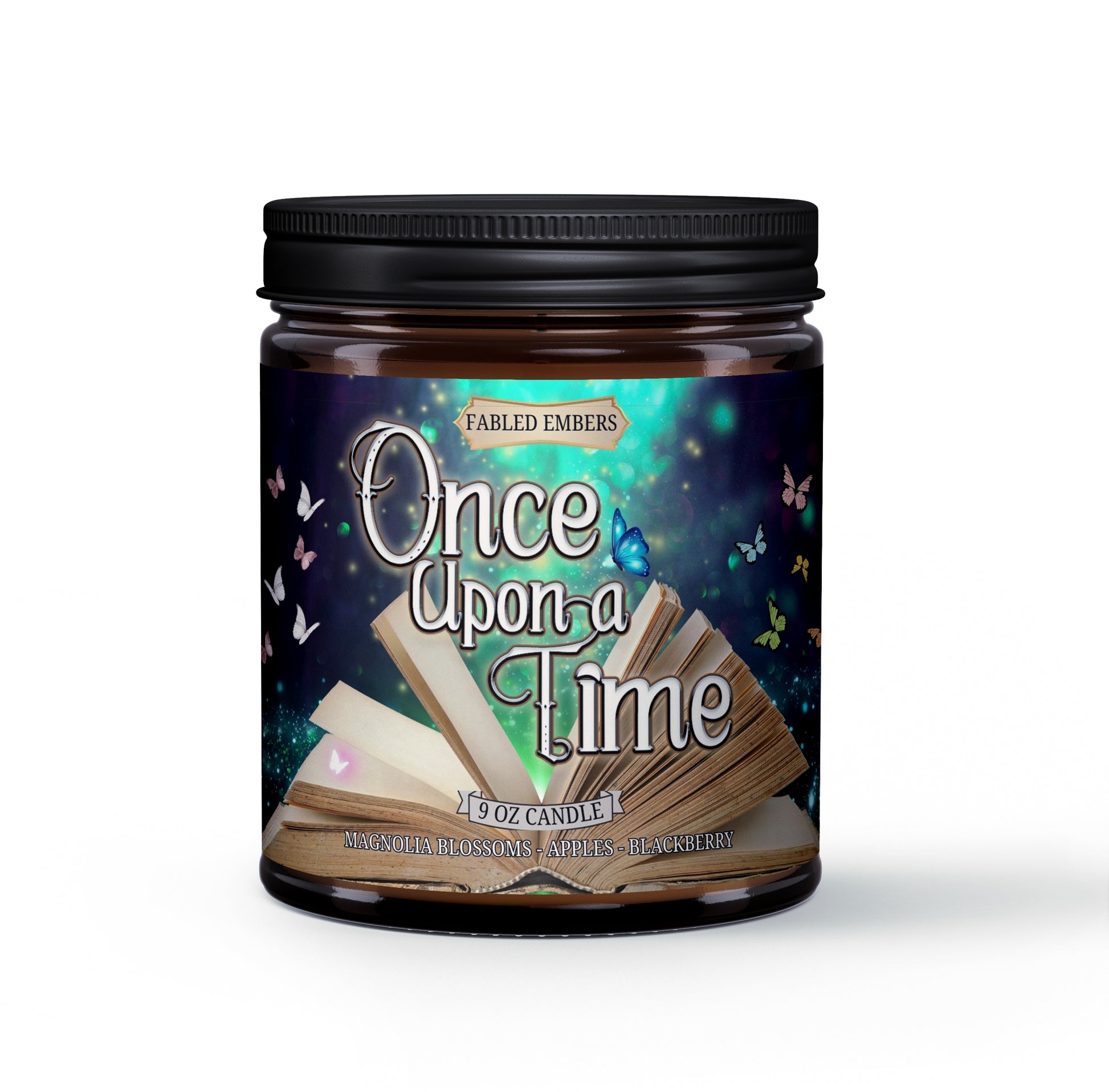 Once Upon a Time bookish fairy tale candle smells like magnolia and blackberry. 9 ounce coconut soy wax candle for book lovers.