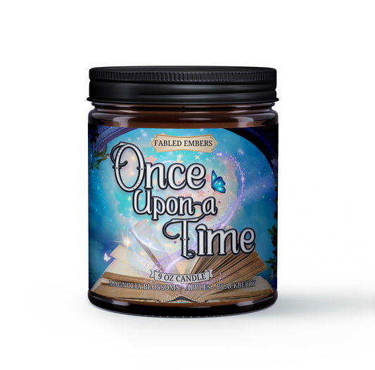 Once Upon a Time bookish fairy tale candle smells like magnolia and blackberry. 9 ounce coconut soy wax candle for book lovers.