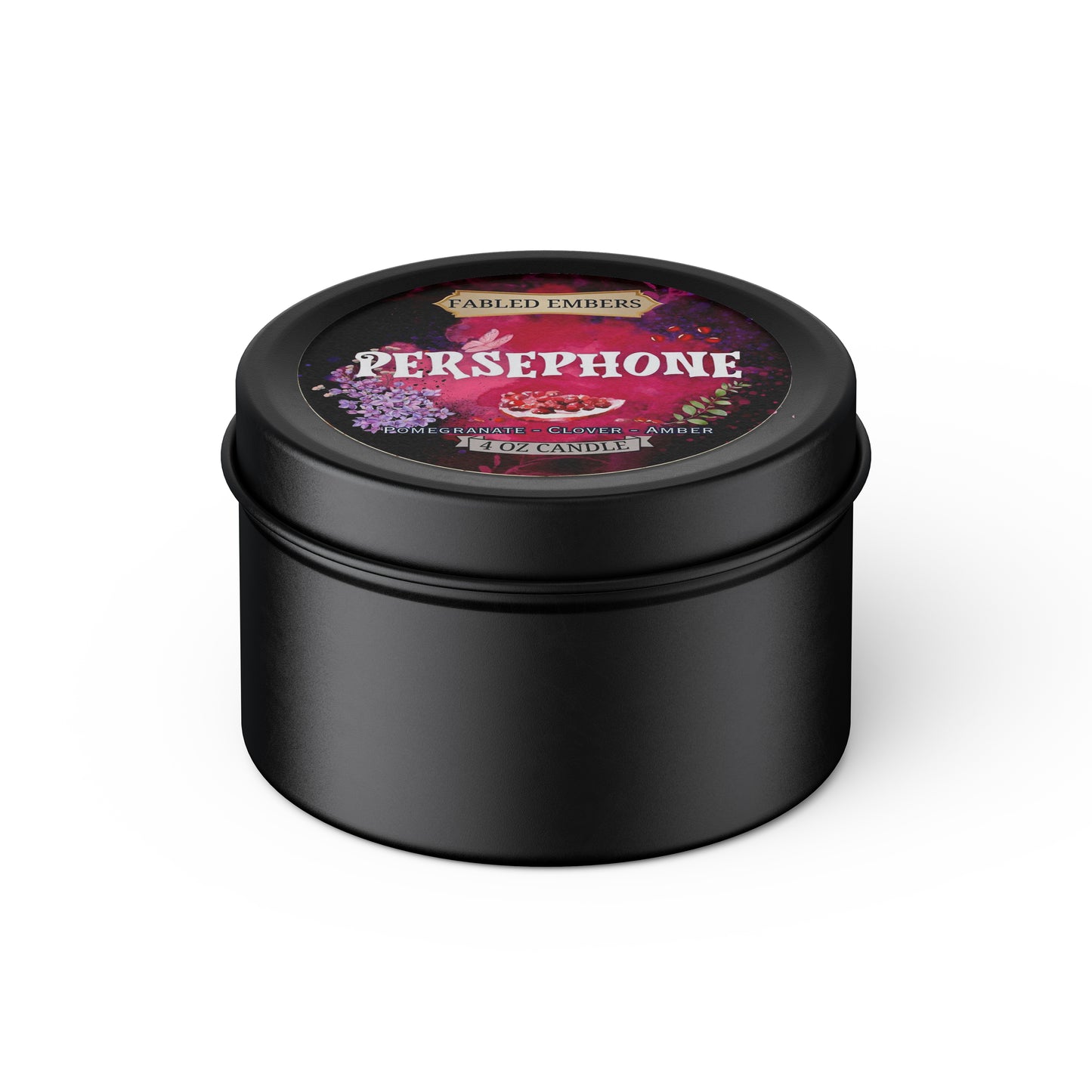 Persephone Goddess of Spring Queen of the Underworld, smells like Pomegranate and amber, 4 ounce coconut soy wax candle in black tin