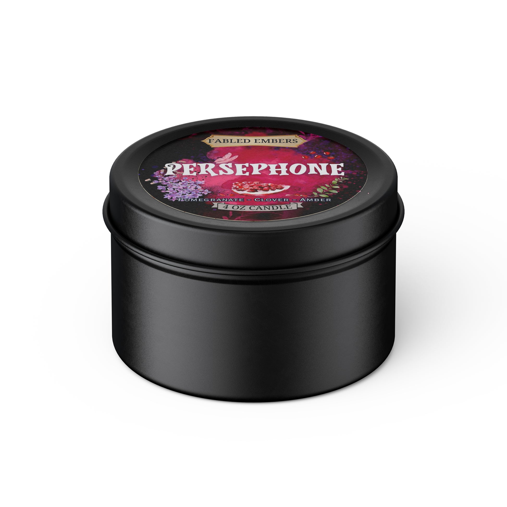 Persephone Goddess of Spring Queen of the Underworld, smells like Pomegranate and amber, 4 ounce coconut soy wax candle in black tin