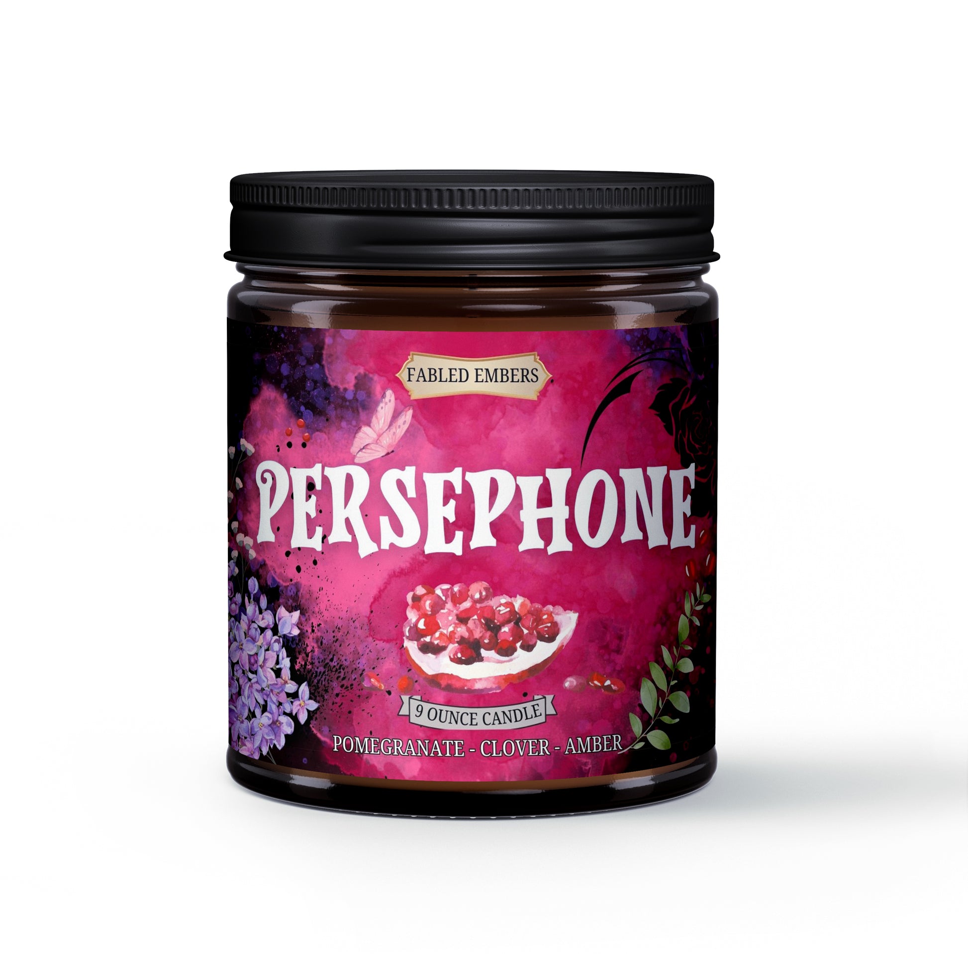 Persephone Goddess of Spring Queen of the Underworld, smells like Pomegranate and amber, 9 ounce coconut soy wax candle in amber glass jar