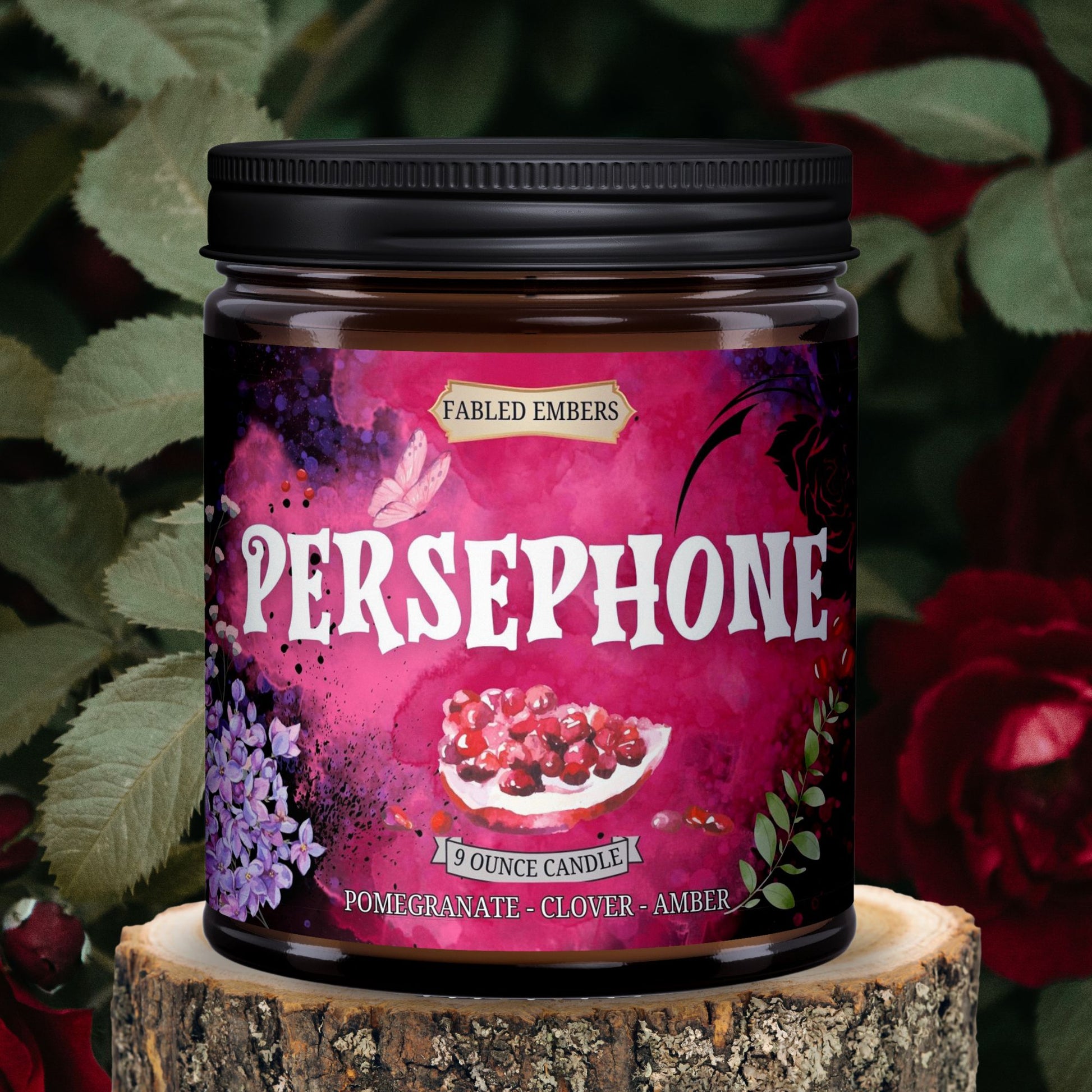 Persephone Goddess of Spring Queen of the Underworld, smells like Pomegranate and amber, 9 ounce coconut soy wax candle in amber glass jar