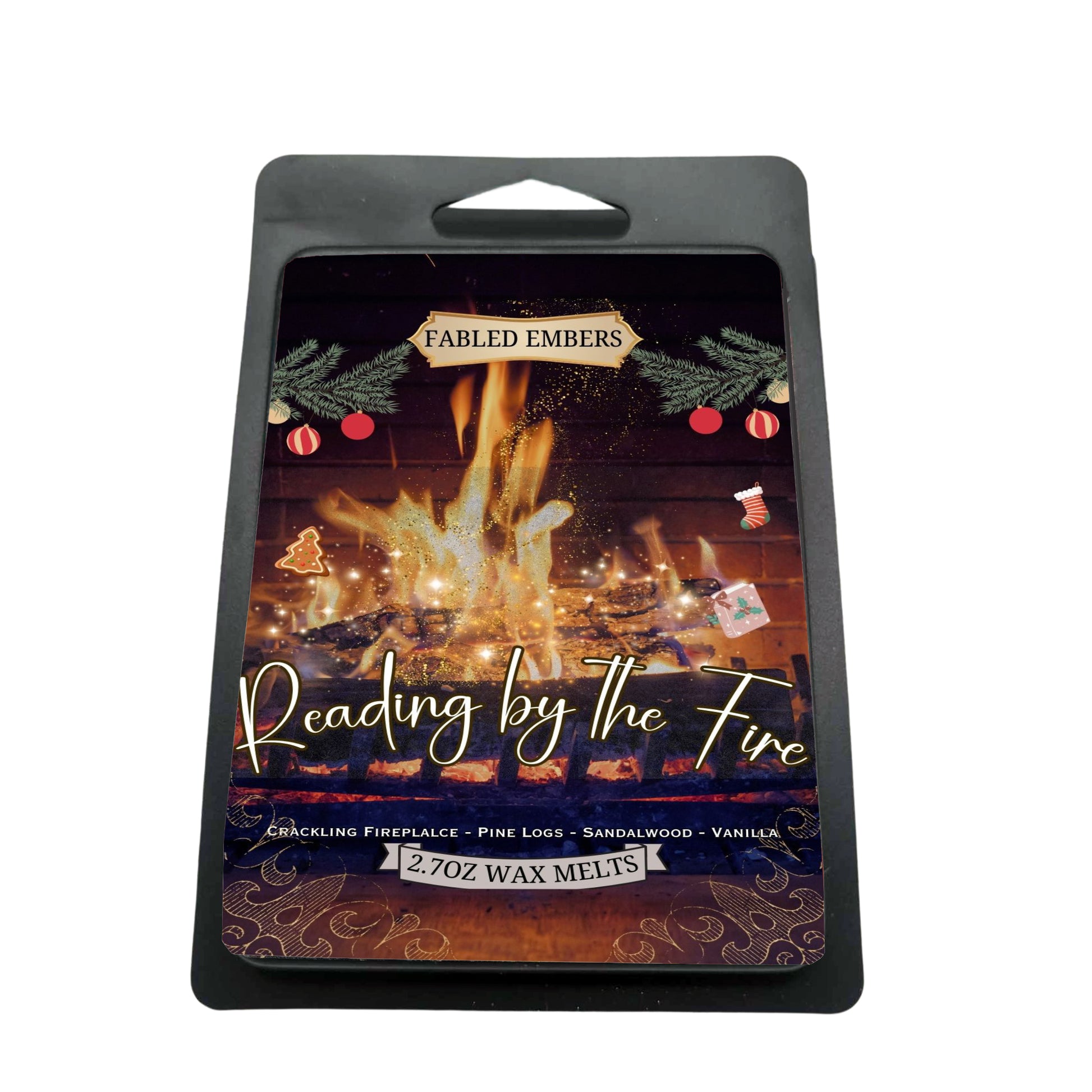 READING BY THE FIRE wax melts 2.7 ounces in a black matte clamshell. Smells like Fireplace Embers, vanilla, sandadlwood, and pine