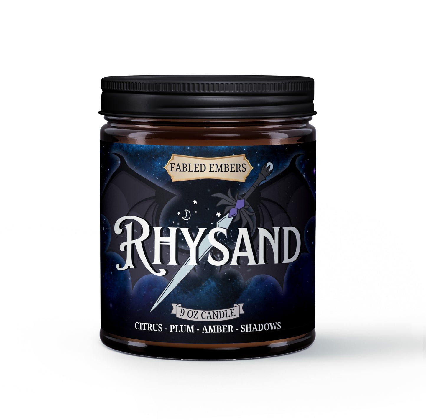 RHYSAND 9 ounce candle in an amber glass jar, coconut soy wax, High Lord of the Night Court smells like plum citrus and amber. ACOTAR
*LICENSED MERCH