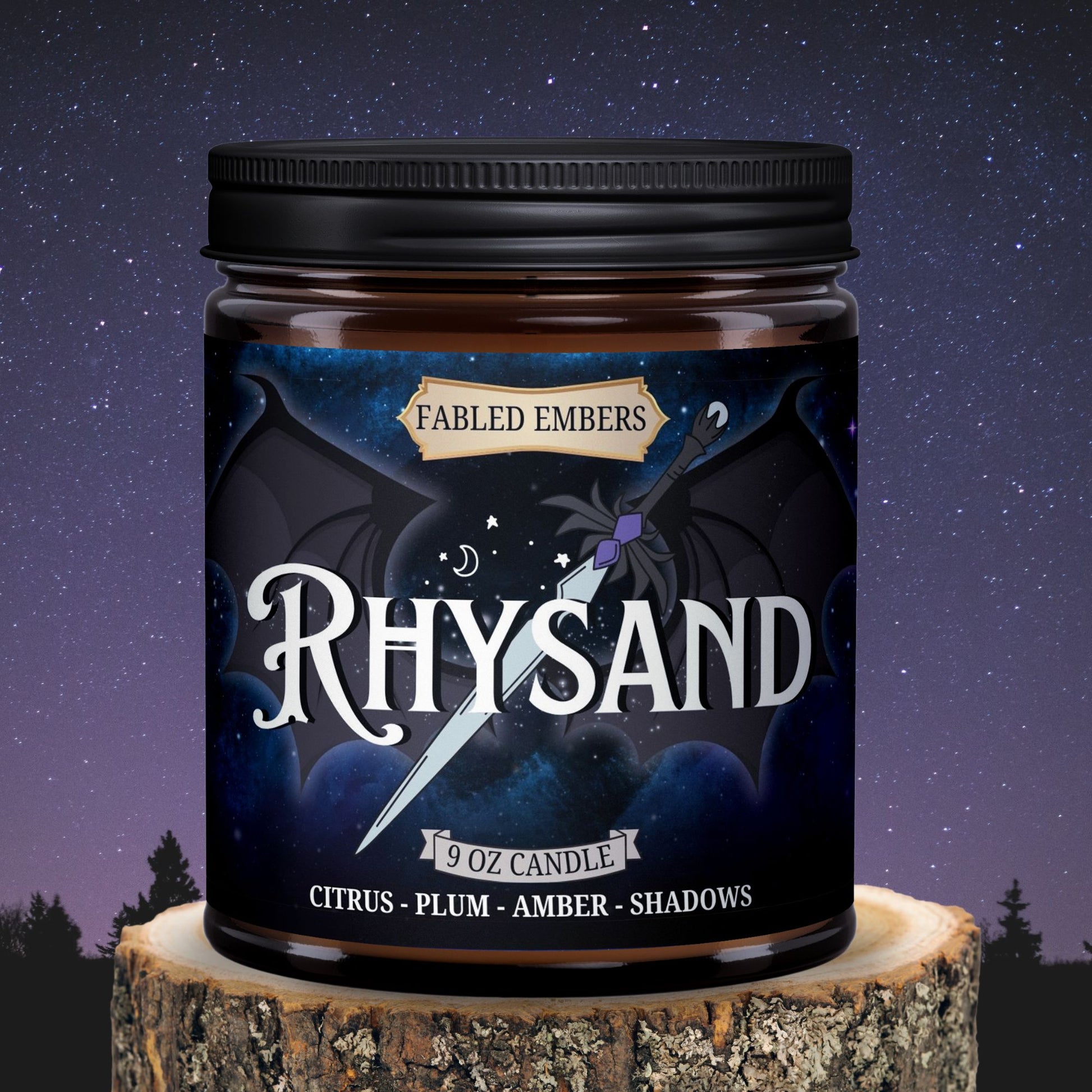 RHYSAND 9 ounce candle in an amber glass jar, coconut soy wax, High Lord of the Night Court smells like plum citrus and amber. ACOTAR