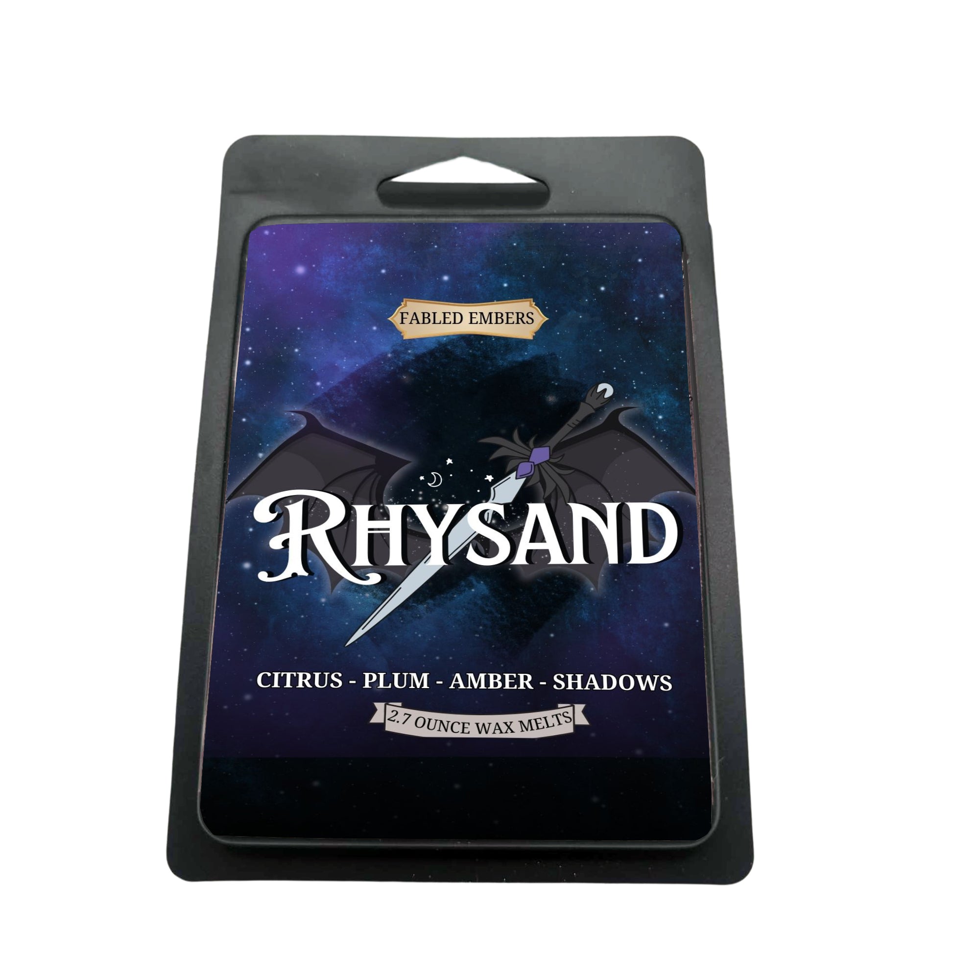 RHYSAND 2.7 ounce wax melt  in a matte black clamshell, soy wax, High Lord of the Night Court smells like plum citrus and amber. ACOTAR