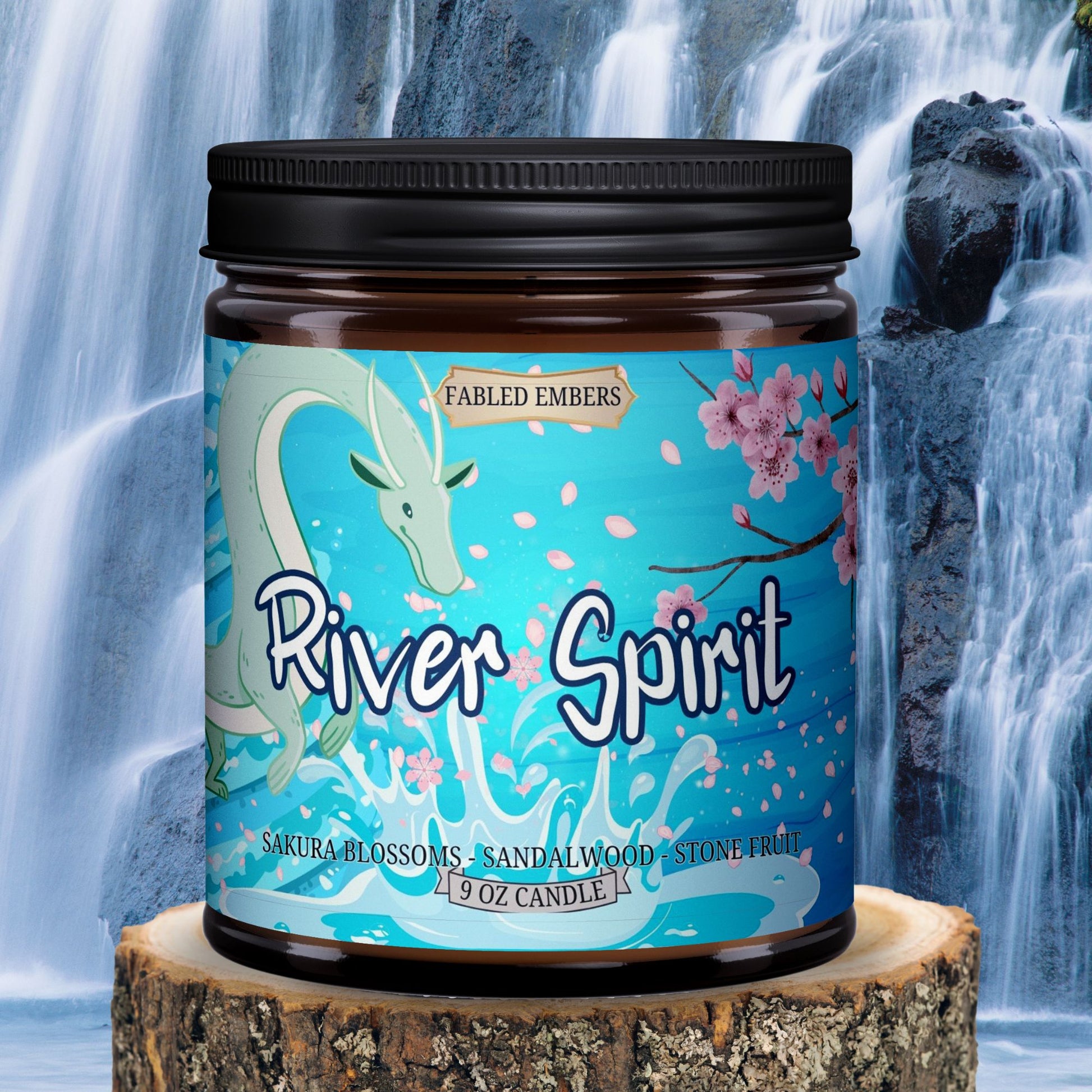 RIVER SPIRIT -- Cherry Blossoms and Stone Fruit scented 9oz Candle in an amber glass jar. Spirited A