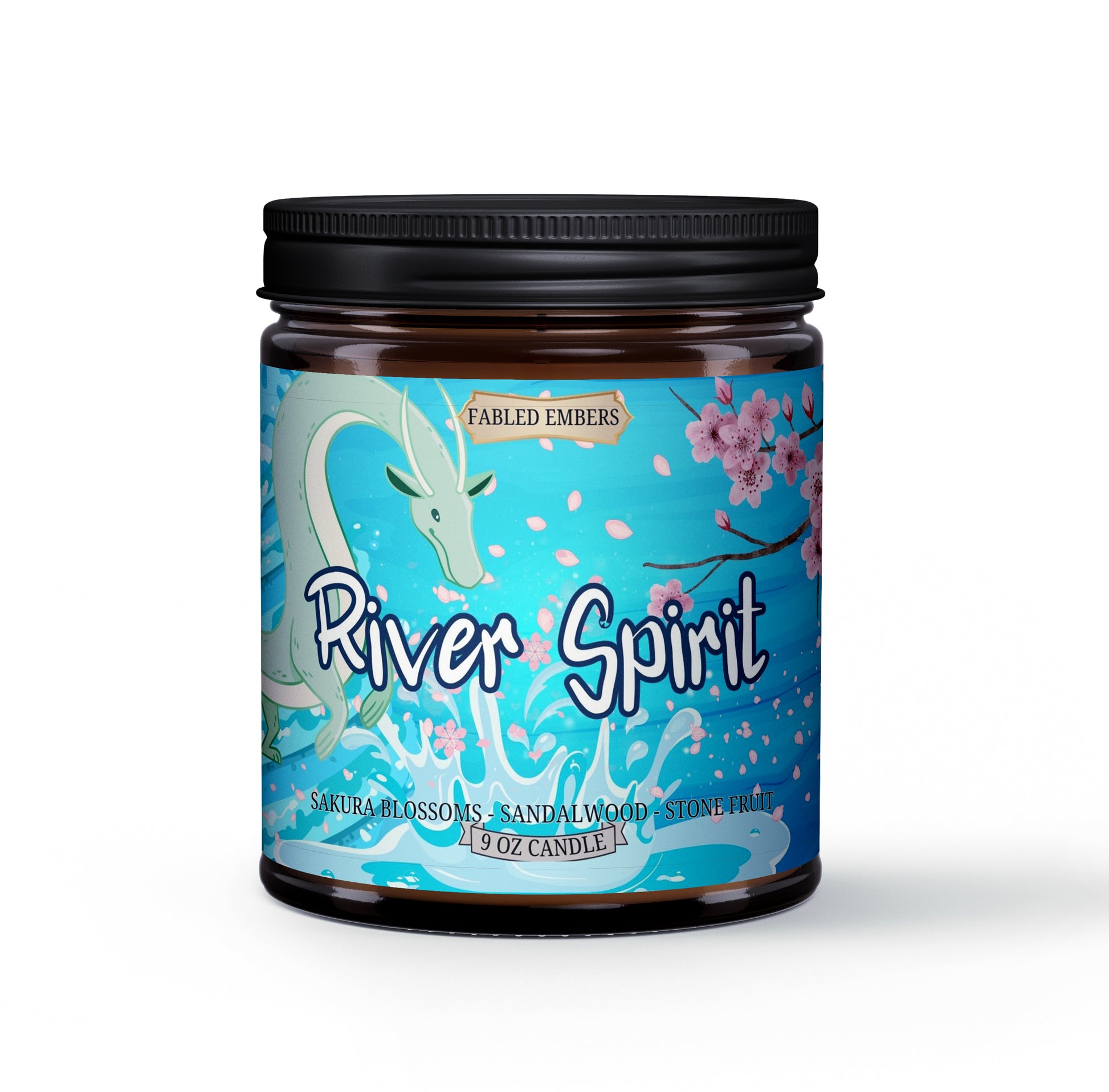 RIVER SPIRIT -- Cherry Blossoms and Stone Fruit scented 9oz Candle in an amber glass jar. Spirited A