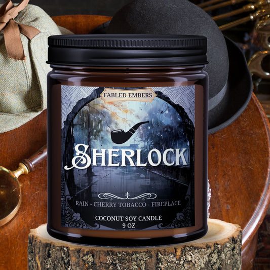 Sherlock Detective 221B Candle smells like London Fog, Rain, Fireplace Embers, and Charred Cherry