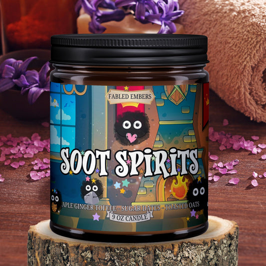 SOOT SPIRITS 9oz Coconut soy Wax candle in amber glass jar, smells like oatmeal raisin cookies