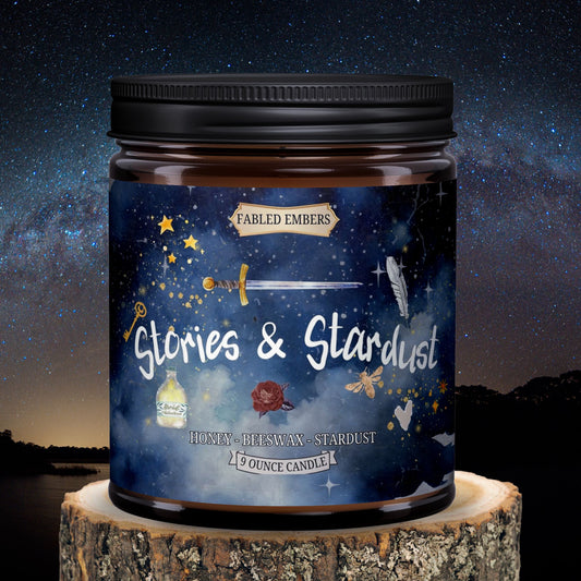 Stories and Stardust candle based on The Starless Sea smells like beeswax and pure honey 9oz coconut soy candle amber glass jar