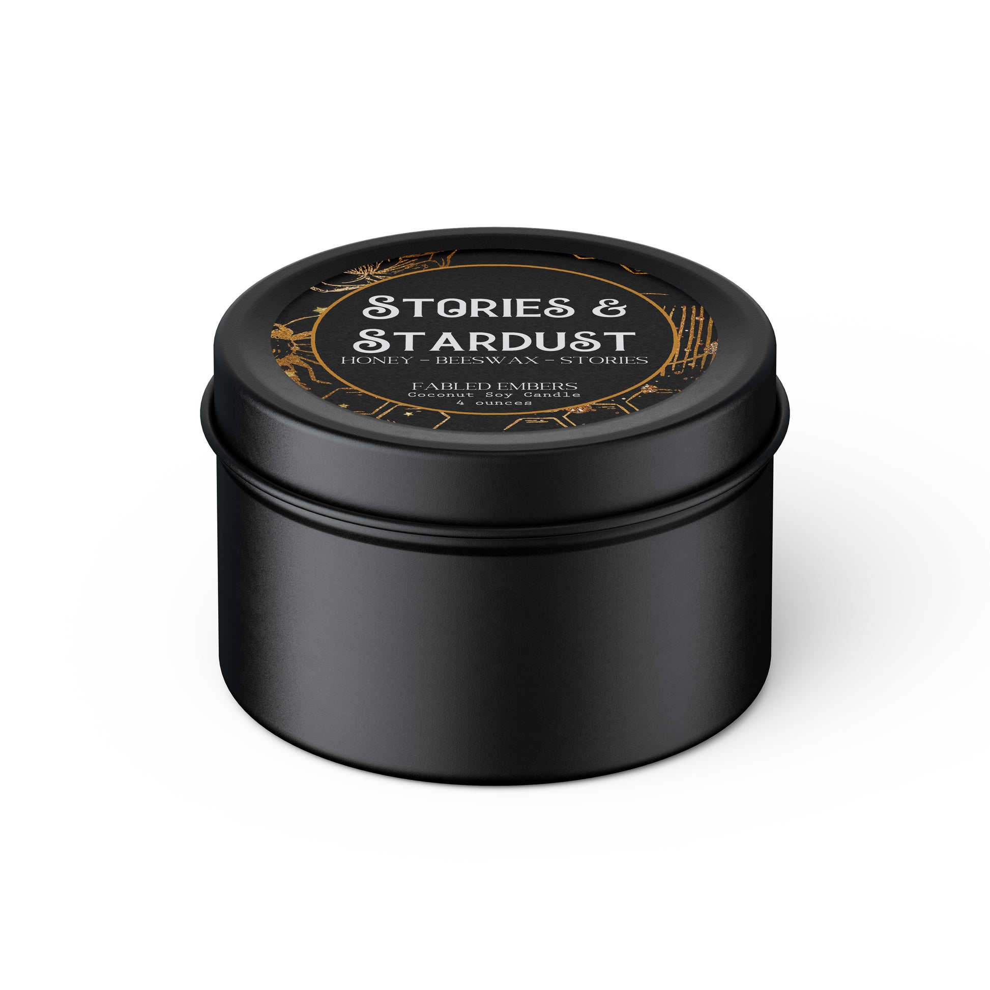 Stories and Stardust candle based on The Starless Sea smells like beeswax and pure honey 4oz coconut soy candle black tin