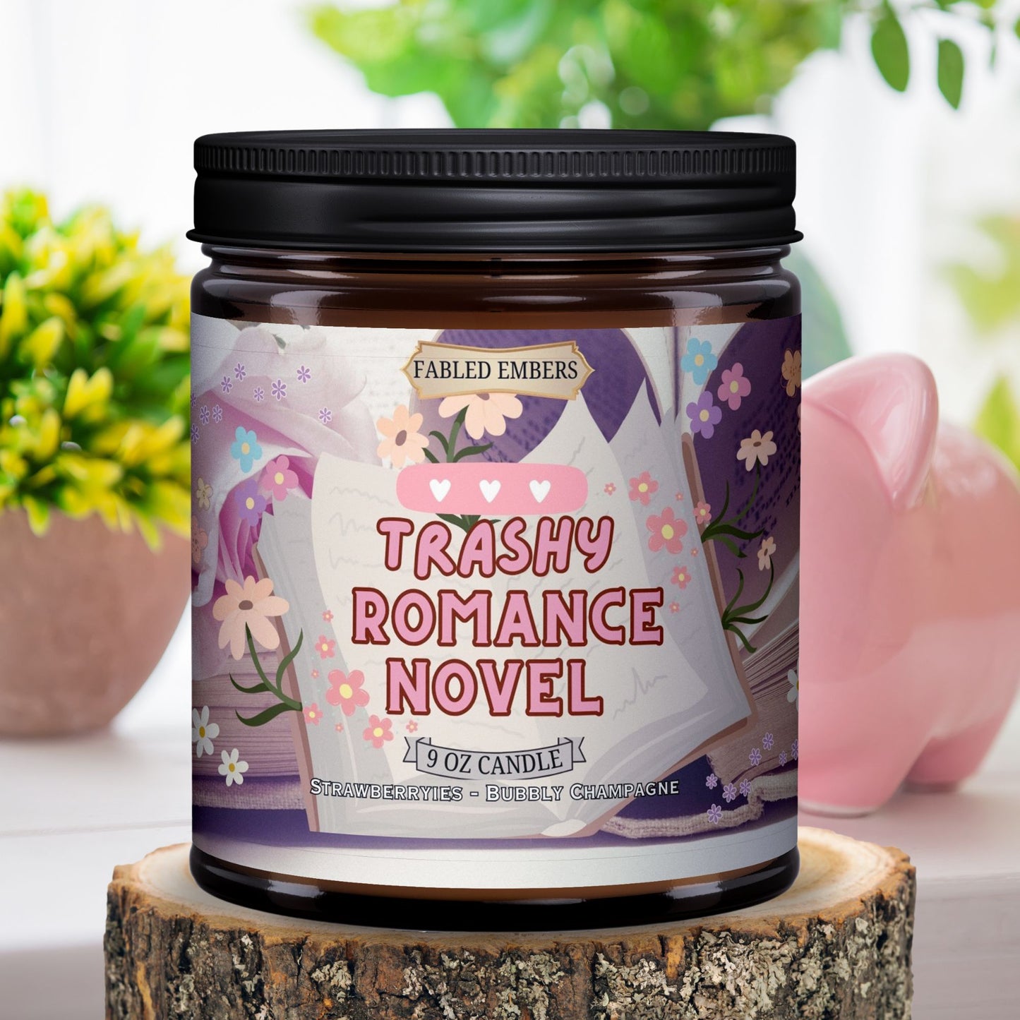 Trashy Romance Candle for Romance Readers smells like strawberry shortcake champagne and sugar sprinkles coconut soy candle 9 ounce jar