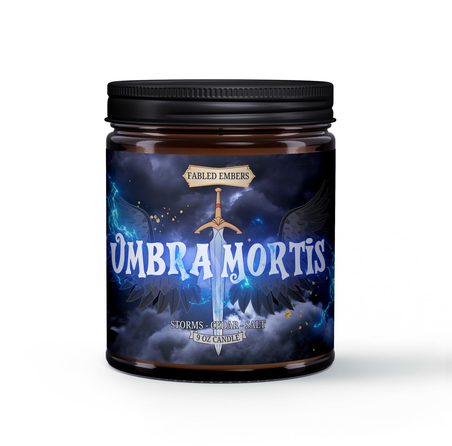 The Umbra Mortis inspired by CC 9oz candle in an amber glass jar with a full color label. Smells like the air before a storm.