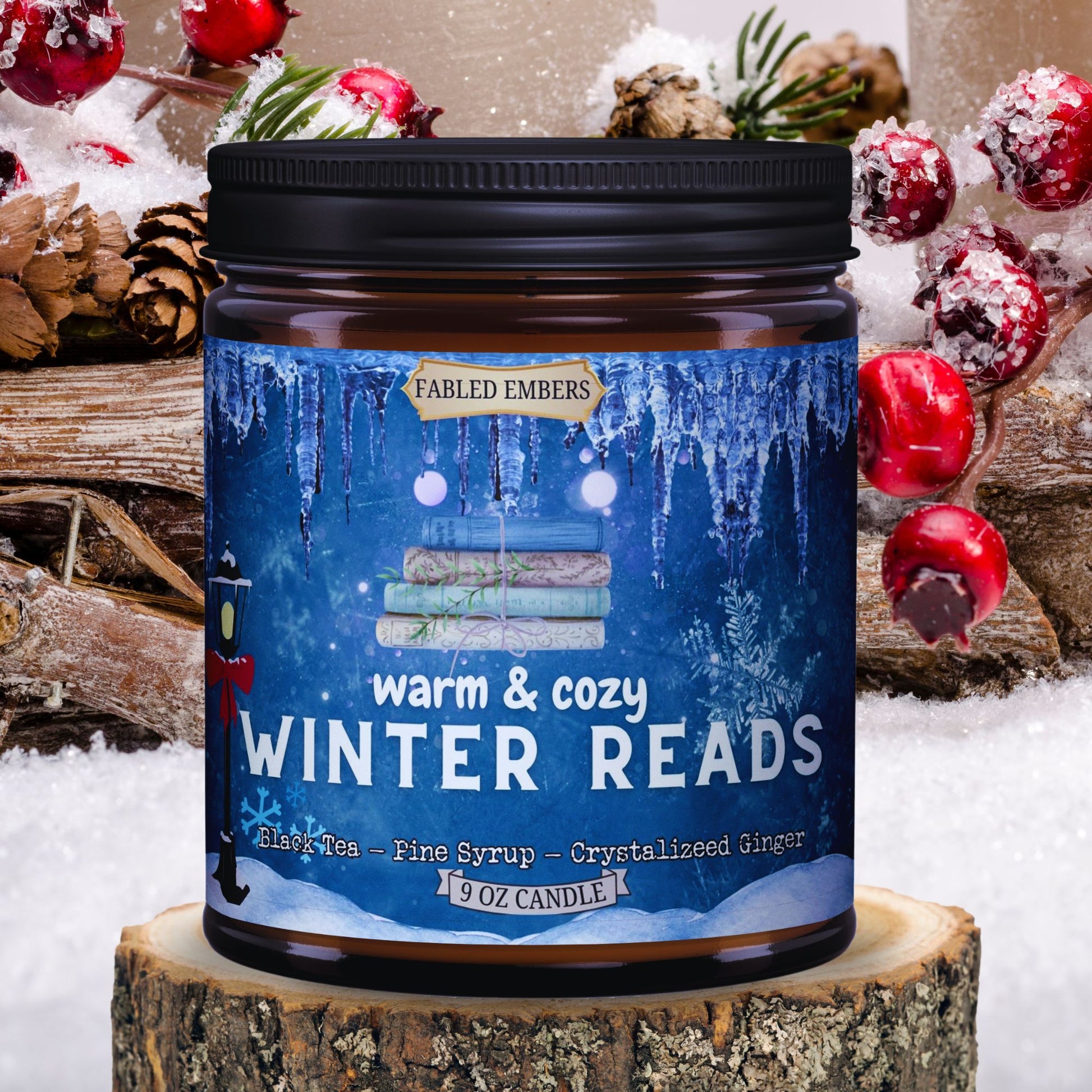 WINTER READS 9oz coconut soy wax candle in an amber glass jar. Smells like spiced winter tea