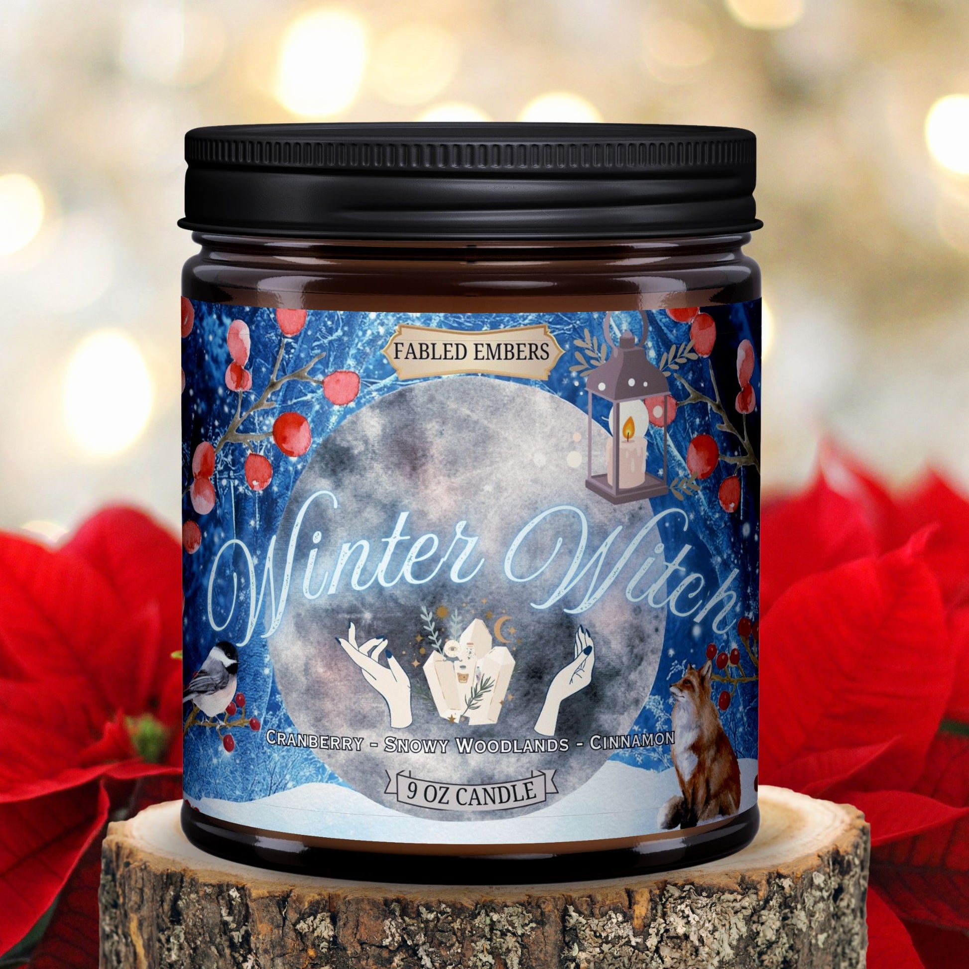 WINTER WITCH 9ounce candle in  amber glass jar by Fabled Embers Holiday Pagan Cranberry Woods scented for booklovers gift Christmas