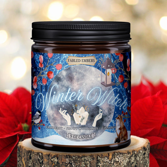 WINTER WITCH 9ounce candle in  amber glass jar by Fabled Embers Holiday Pagan Cranberry Woods scented for booklovers gift Christmas